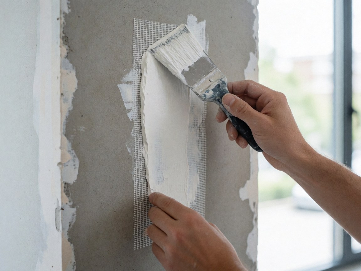 Une main applique du mastic blanc sur un treillis de fibre de verre fixé sur un mur en plâtre, éclairé par la lumière naturelle avec un outil de peinture visible.