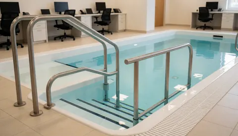 Piscine thérapeutique équipée de barres en acier inoxydable et d'escaliers d'accès subaquatique, offrant une eau claire et calme, idéale pour l'entraînement et la rééducation.