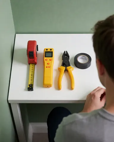 Des outils électriques disposés sur une table blanche incluant des pinces, du ruban isolant, un détecteur de tension et un mètre ruban devant un mur vert.