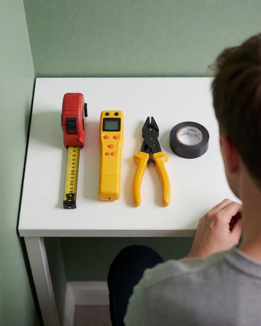 Des outils électriques disposés sur une table blanche incluant des pinces, du ruban isolant, un détecteur de tension et un mètre ruban devant un mur vert.