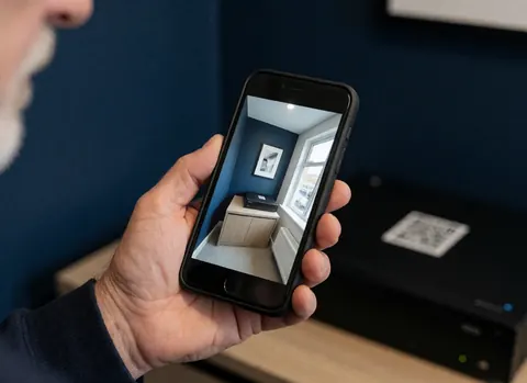 Une main tient un smartphone montrant l'image d'une caméra de surveillance dans une pièce aux murs bleu marine, avec un enregistreur vidéo numérique et un code QR visibles.