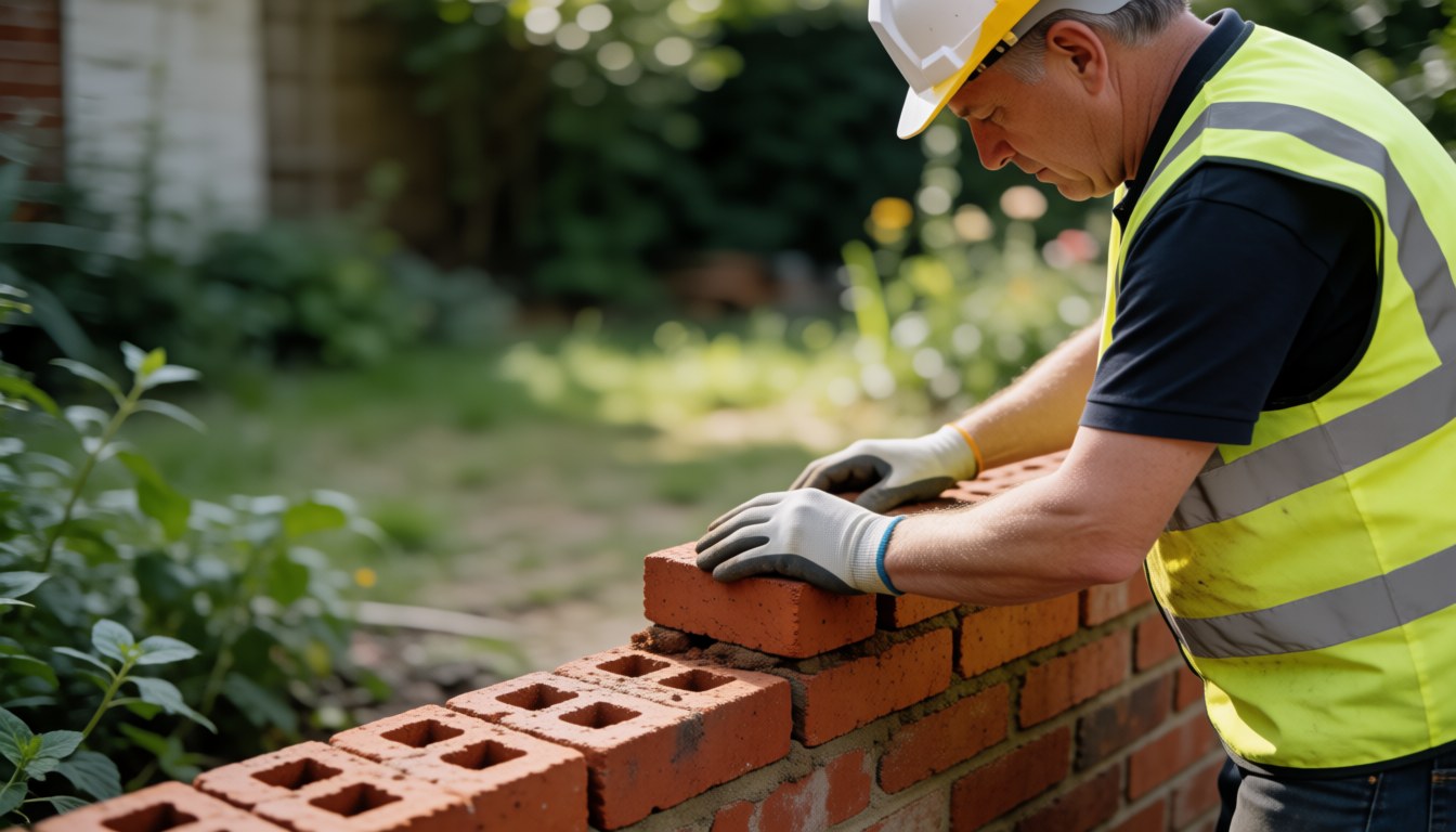 Un maçon portant un casque et un gilet de sécurité pose un brique rouge sur un mur dans un jardin avec de la végétation floue en arrière-plan.