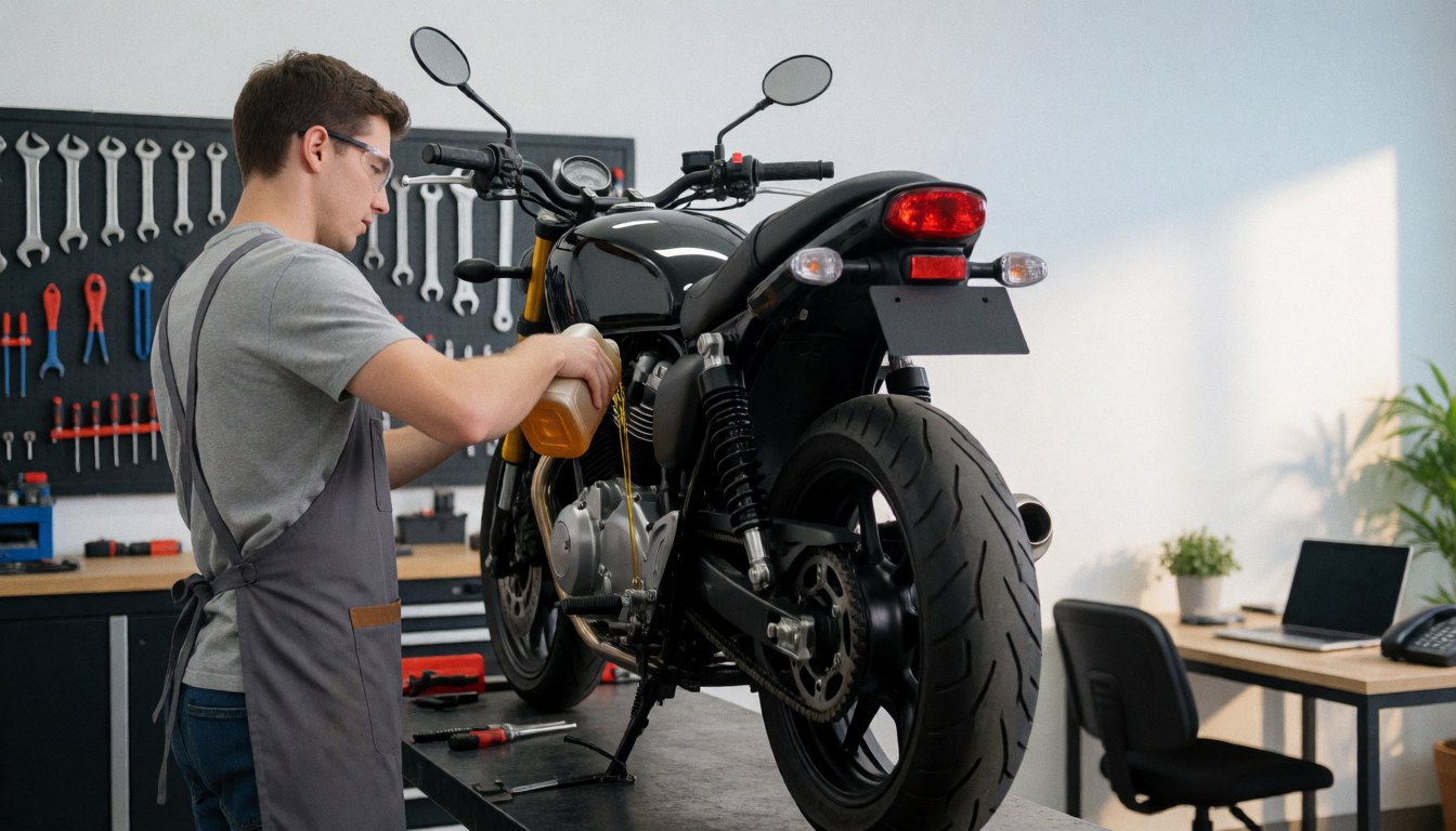 Mécanicien portant des lunettes verse de l'huile sur une moto noire posée sur un support, avec des outils en arrière-plan et une lumière naturelle.