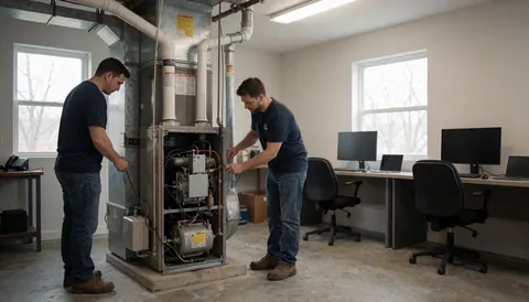Deux techniciens effectuent une réparation sur un chauffe-eau à gaz avec des tuyaux et câbles exposés dans un bureau équipé de bureaux et ordinateurs.