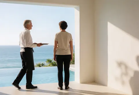 Serveur avec plateau servant un client devant une piscine à débordement avec vue sur la mer, ambiance propre et professionnelle de resort.