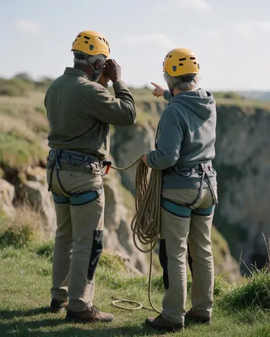 Deux personnes équipées de casques et de harnais au pied d'une falaise. L'une indique une voie tandis que l'autre ajuste son équipement, dans un contexte d'entraînement en extérieur.
