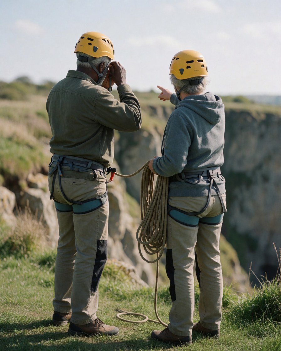 Deux personnes équipées de casques et de harnais au pied d'une falaise. L'une indique une voie tandis que l'autre ajuste son équipement, dans un contexte d'entraînement en extérieur.