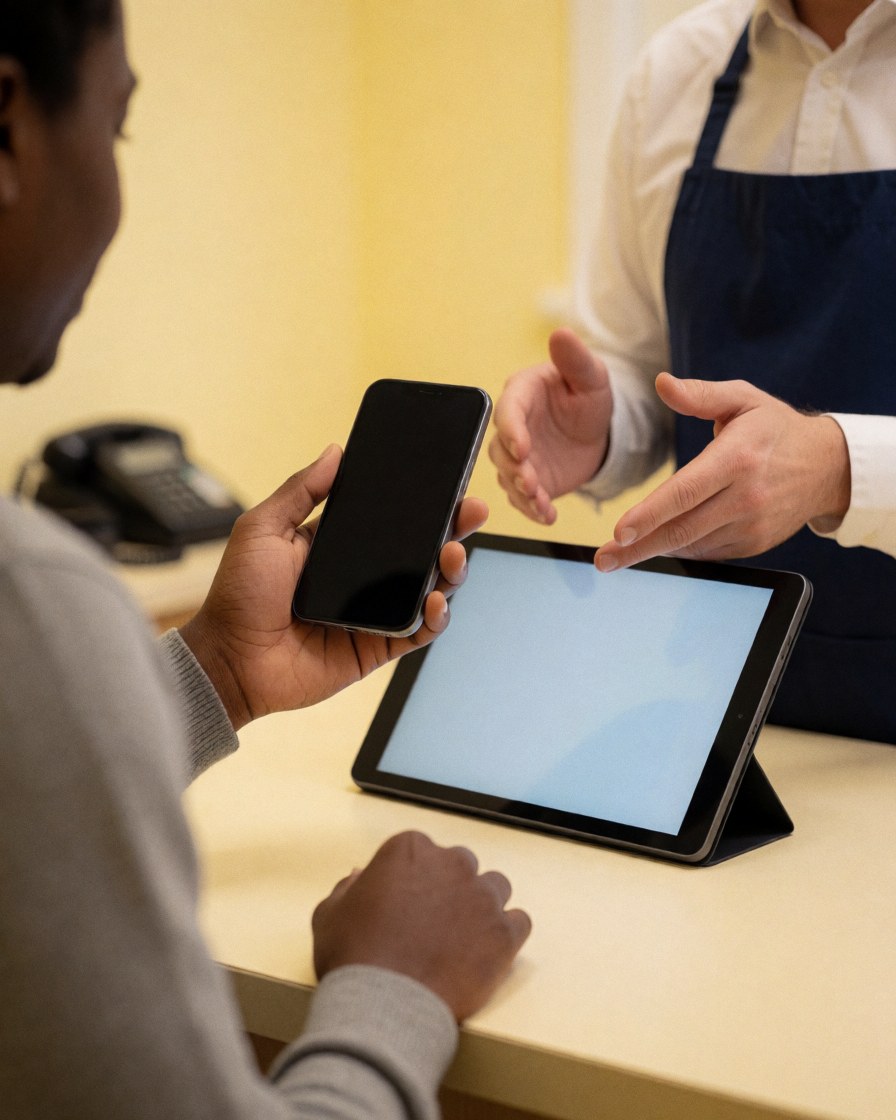 Un client montre son smartphone cassé à un technicien utilisant une tablette pour le diagnostic dans un atelier de réparation aux murs jaunes.