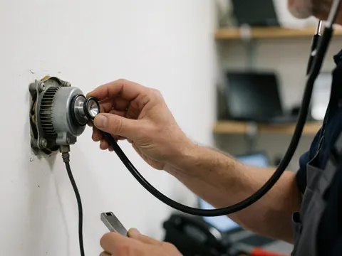 Technicien utilisant un stéthoscope pour diagnostiquer le moteur d'un sèche-linge en atelier sur fond blanc avec outil à la main
