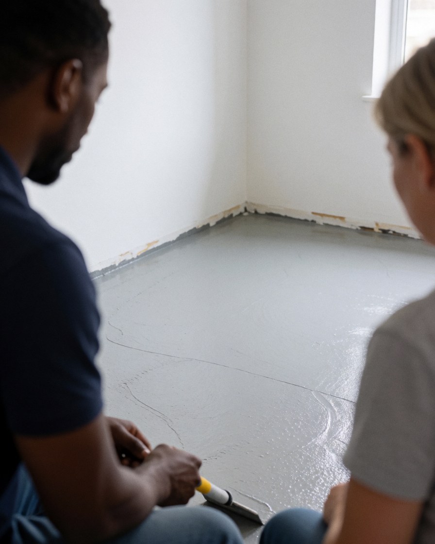 Un professionnel applique un composé nivelleur gris sur un sol. Un client observe la scène dans un intérieur aux murs blancs éclairé par la lumière naturelle, illustrant un service d'installation de sols.