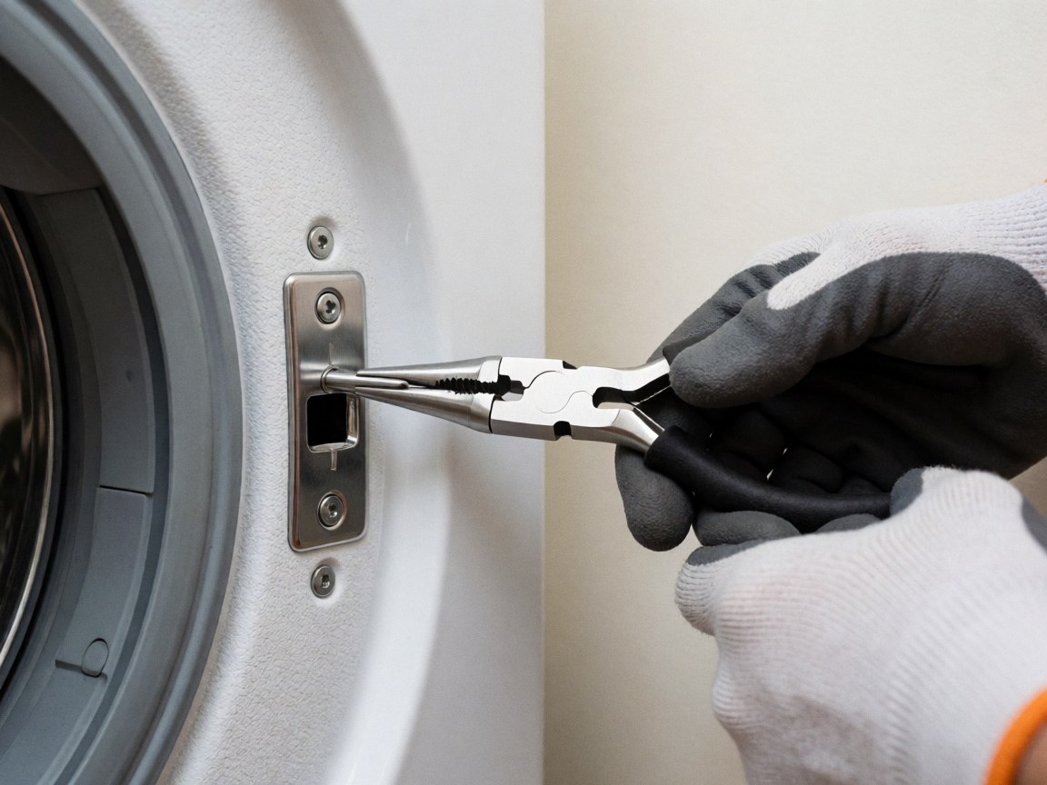 Gros plan d'une main portant un gant insérant un outil métallique dans la porte d'un lave-linge blanc, révélant l'intérieur texturé de l'appareil.