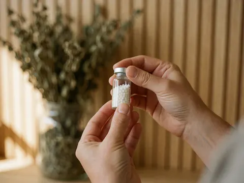 Mains tenant un flacon de verre avec des globules blancs sur un fond d'herbes sèches et de murs en bois clair, image pour entreprise d'homéopathie.