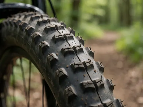 Gros plan sur la bande de roulement d'un pneu de vélo de montagne avec des sillons profonds remplis de terre sèche sur un sentier forestier flou