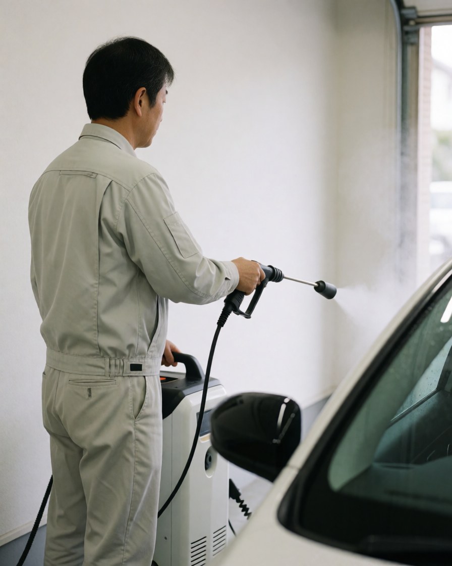 Un technicien en uniforme utilise une machine à vapeur pour nettoyer un véhicule dans un garage blanc, montrant un service professionnel en action.