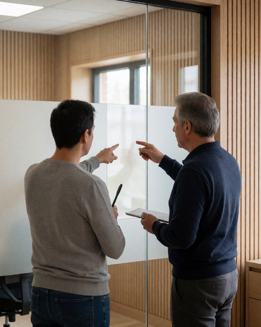 Deux hommes discutant dans un bureau moderne avec des murs en bois, évoquant un service professionnel et un environnement de travail contemporain.