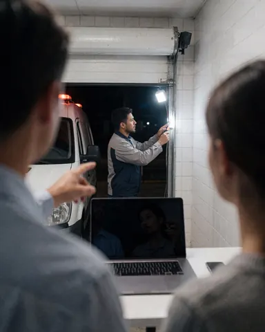Technicien en uniforme effectuant une réparation sur une porte de garage la nuit, éclairé par une lampe de travail, client observant depuis l'intérieur.