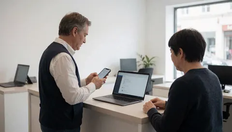 Un technicien examine un smartphone pendant qu'un client observe sur un ordinateur portable dans un atelier de réparation moderne et propre.