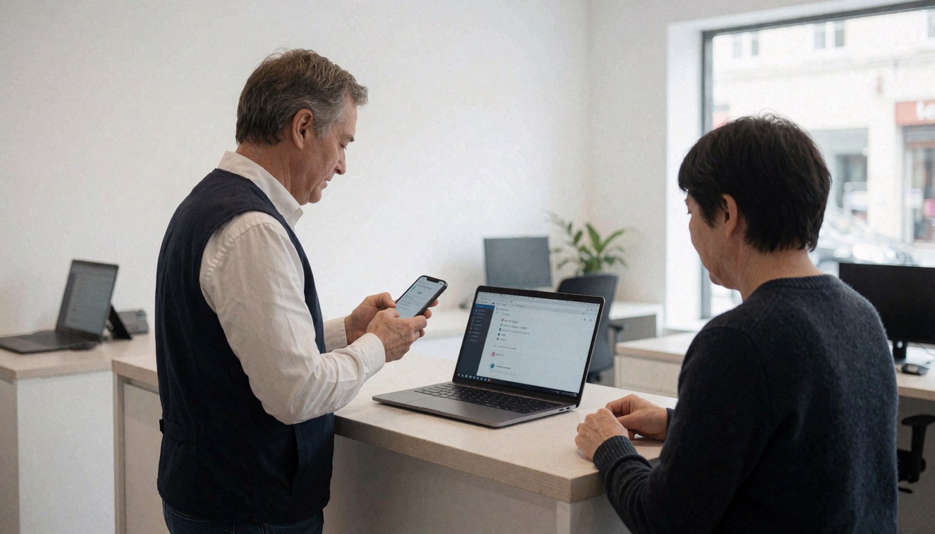 Un technicien examine un smartphone pendant qu'un client observe sur un ordinateur portable dans un atelier de réparation moderne et propre.