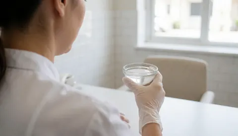 Manuciste en gant tenant un bol d'acétone dans un salon de manucure avec des murs carrelés blancs et une lumière naturelle.
