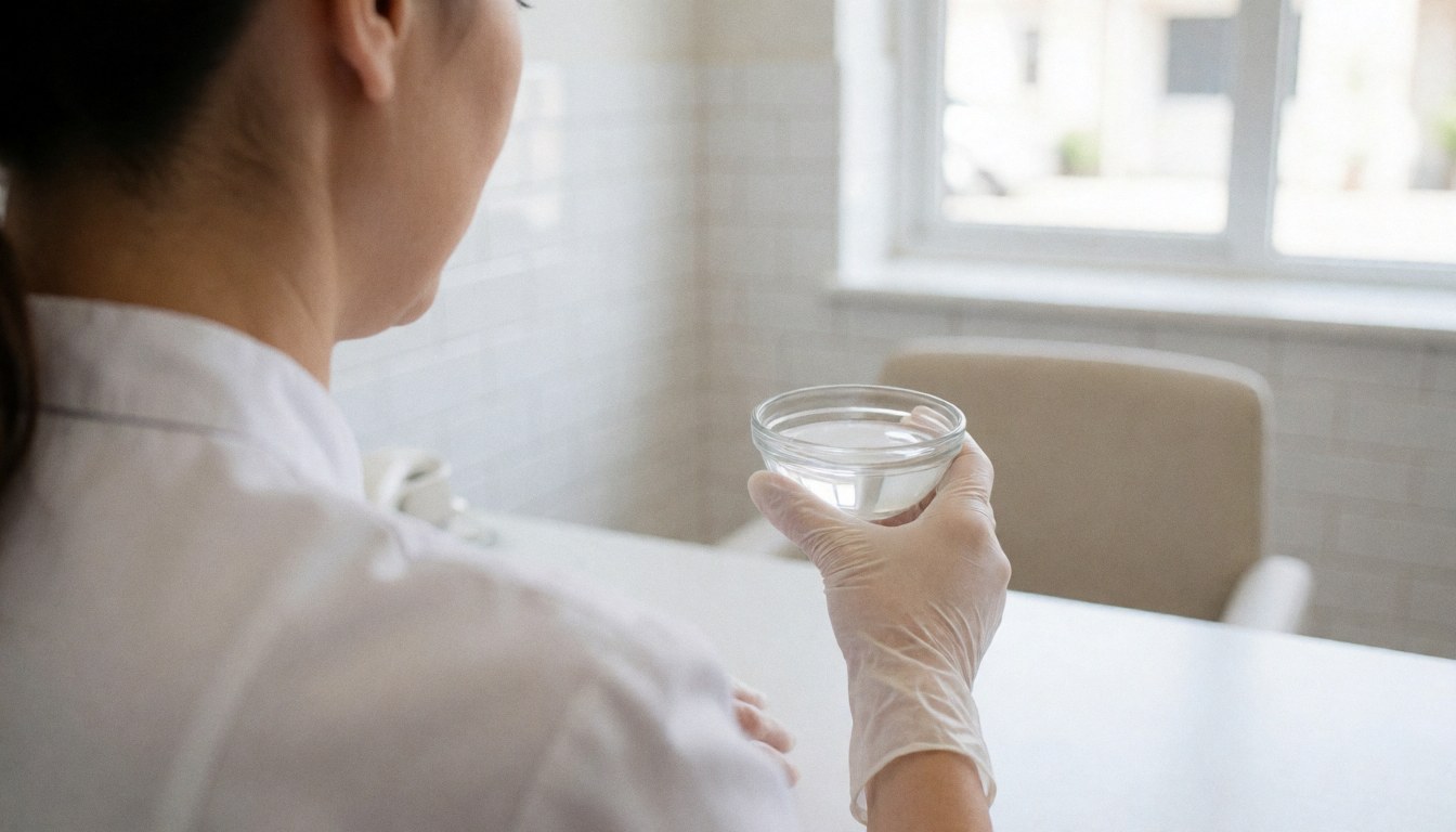 Manuciste en gant tenant un bol d'acétone dans un salon de manucure avec des murs carrelés blancs et une lumière naturelle.