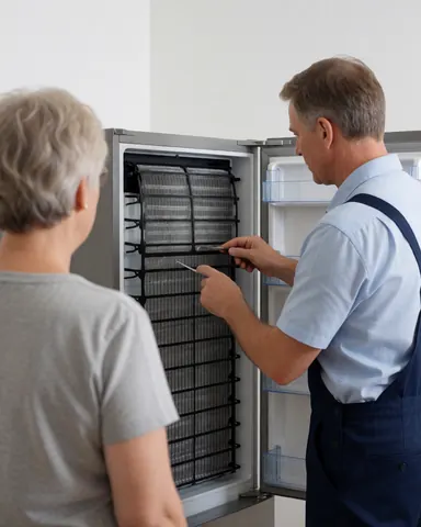 Un technicien de réparation d'appareils de cuisine présente un condensateur propre à un client dans une cuisine moderne avec un réfrigérateur ouvert.
