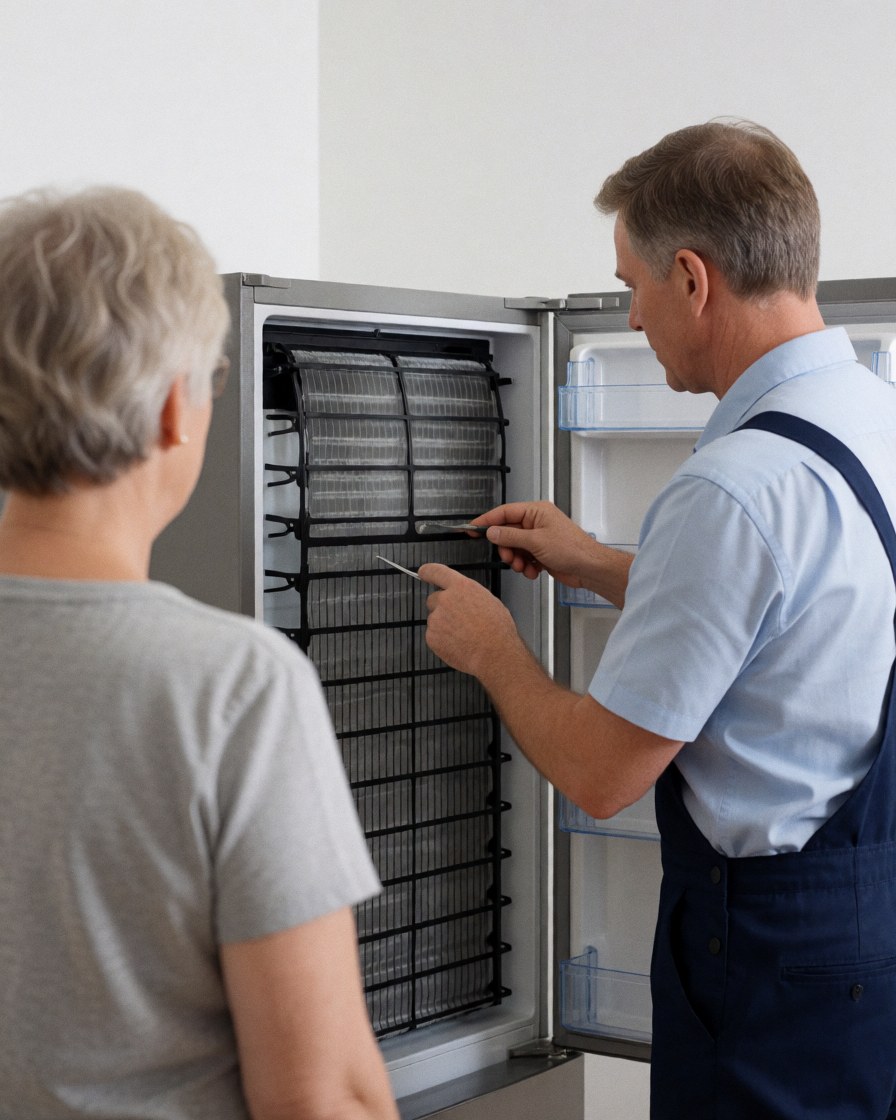 Un technicien de réparation d'appareils de cuisine présente un condensateur propre à un client dans une cuisine moderne avec un réfrigérateur ouvert.