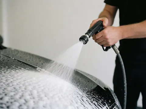 Un jet de mousse recouvre le capot noir d'une voiture lors d'un lavage professionnel, avec des gouttes d'eau visibles sur un fond blanc.