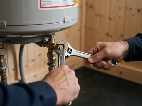 Technicien utilisant une clé à molette pour réparer une vanne de gaz sur un chauffe-eau, avec un mur en bois clair en arrière-plan.