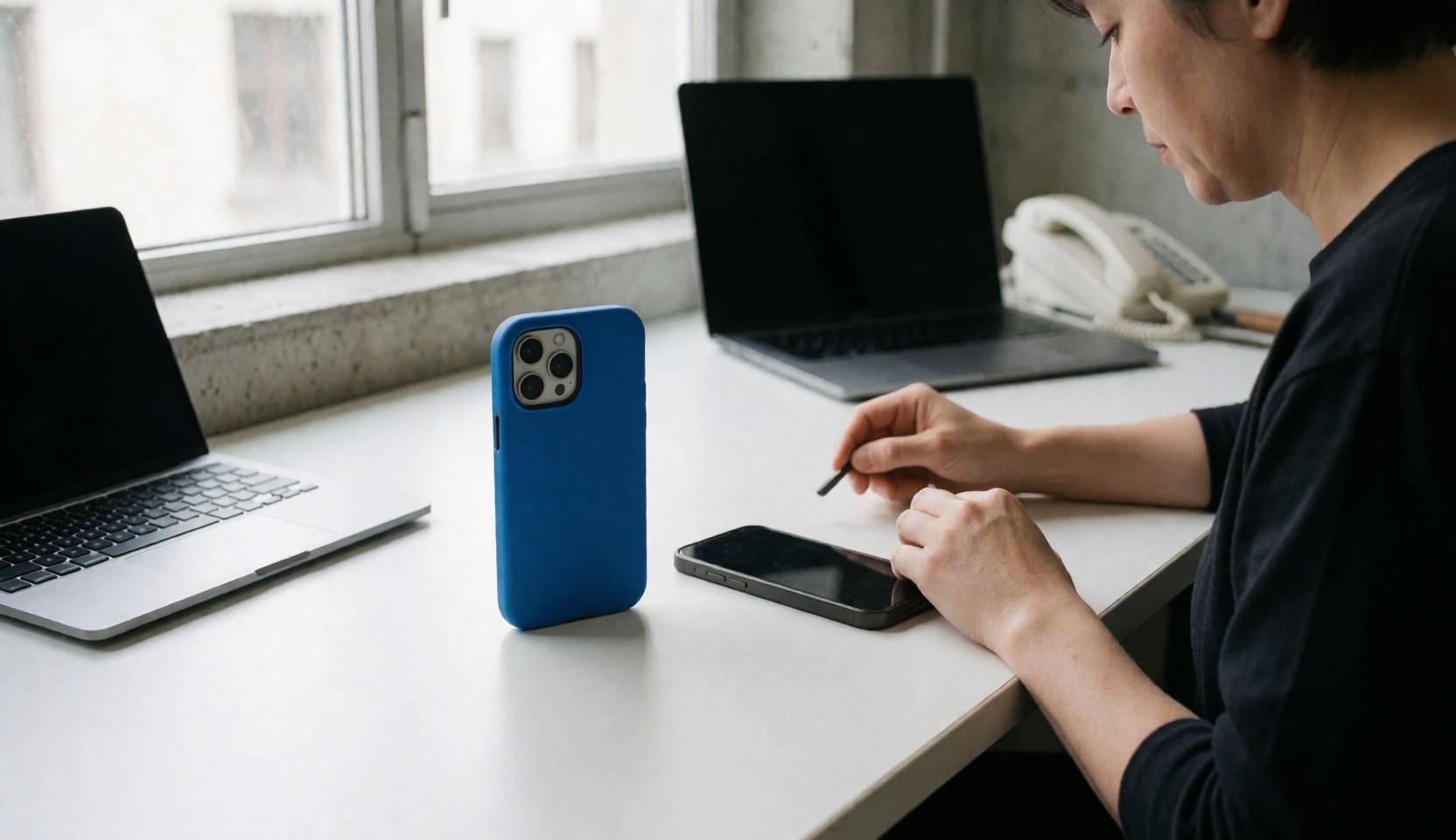 Un étui bleu pour smartphone repose sur une table blanche près d'un téléphone, tandis qu'une personne travaille sur un appareil. Mur en béton et lumière naturelle.