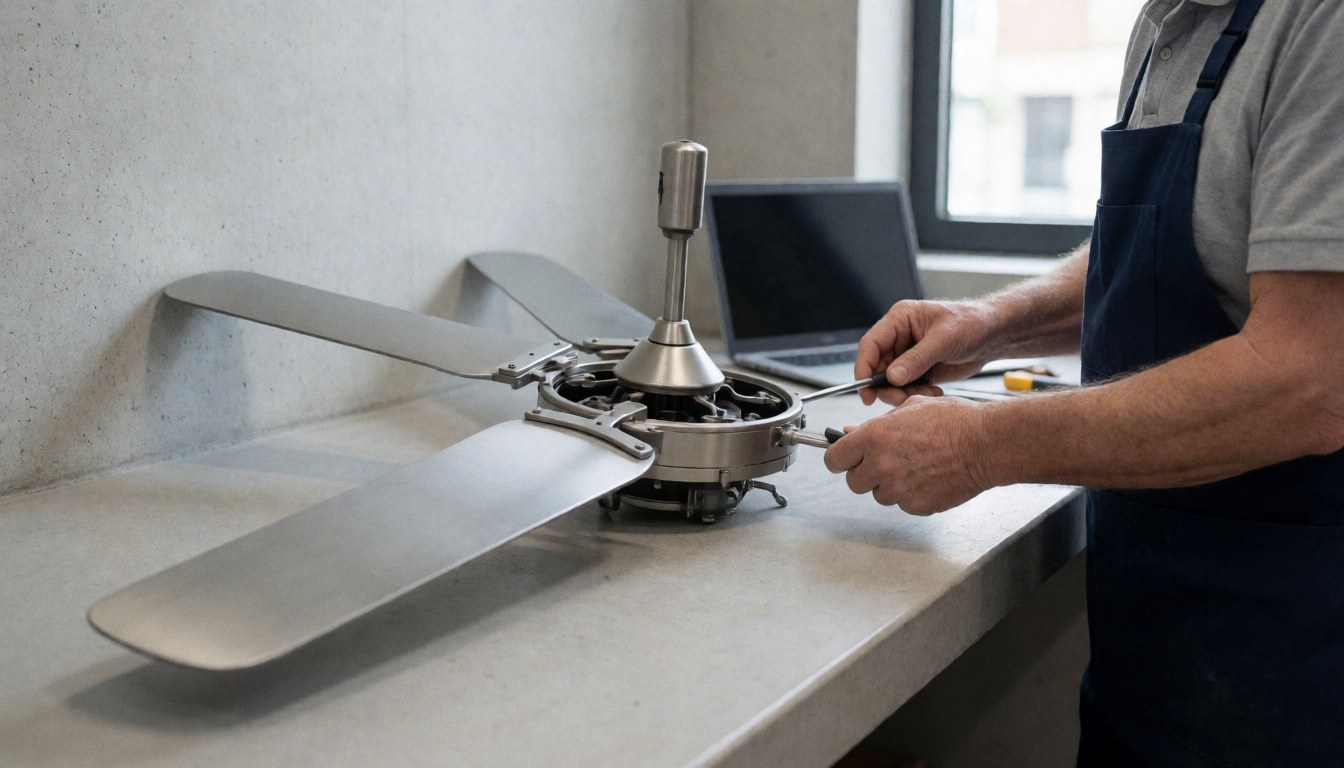 Technicien en atelier réparant un ventilateur avec moteur exposé et outils sur une table de travail en béton.
