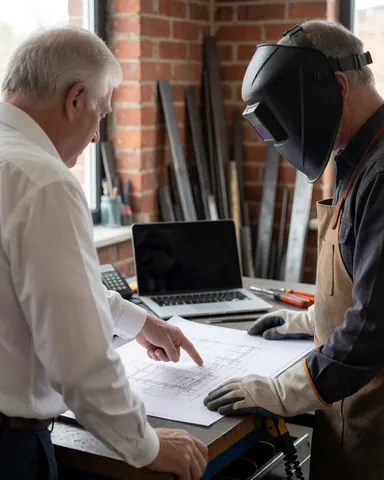 Un client et un soudeur vérifient ensemble un plan technique dans un atelier avec un mur en briques et des outils visibles.