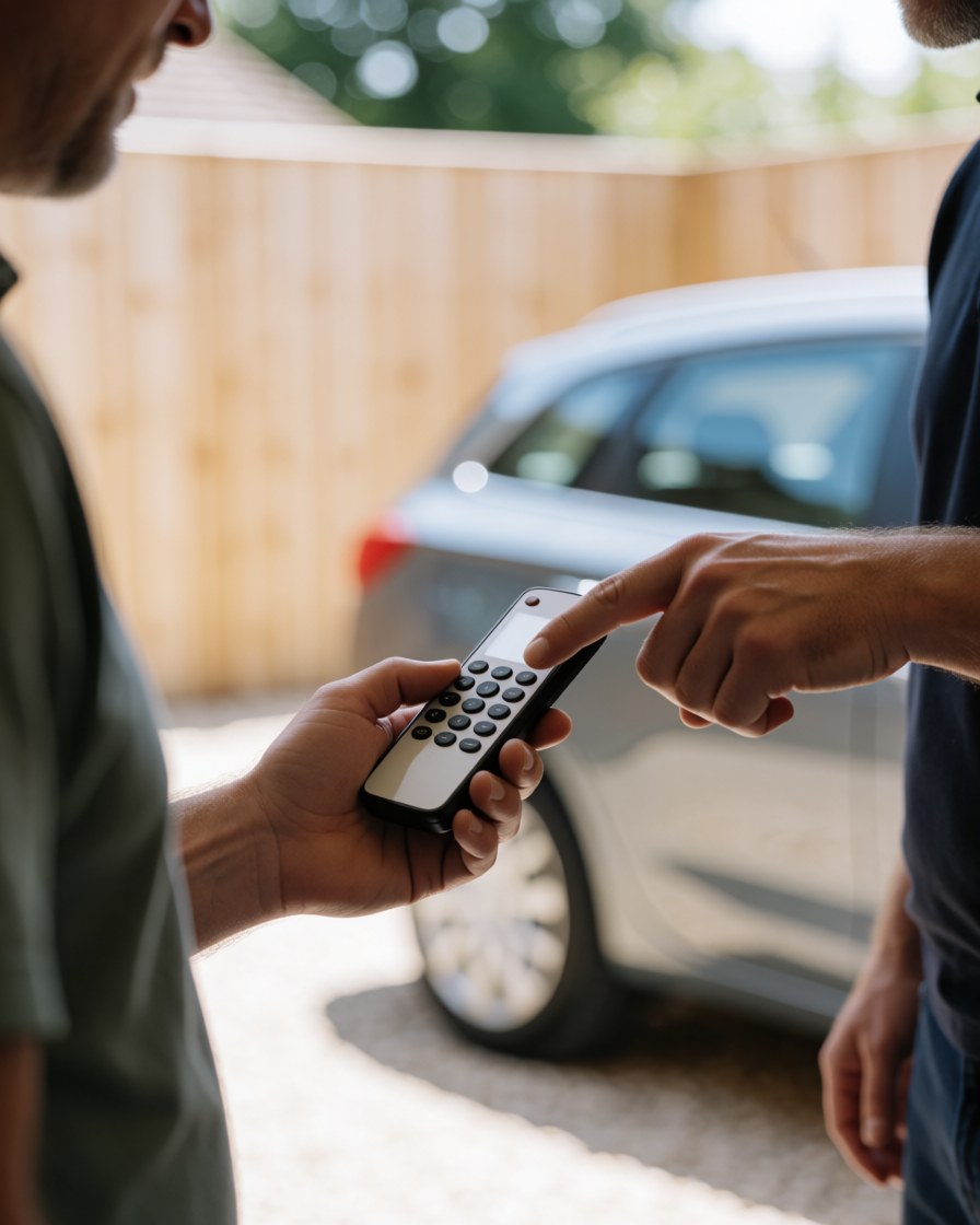 Une cliente souriante reçoit une télécommande de serrurier dans son jardin, avec une voiture et un mur en bois en arrière-plan.