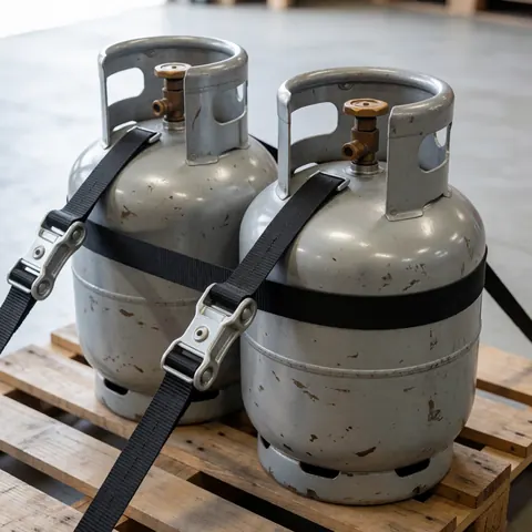 Deux cylindres de gaz propane maintenus par des sangles à cliquet noires sur une palette en bois dans un entrepôt pour le transport industriel.
