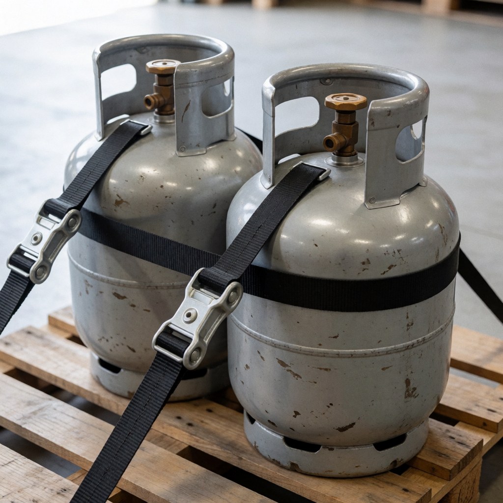 Deux cylindres de gaz propane maintenus par des sangles à cliquet noires sur une palette en bois dans un entrepôt pour le transport industriel.