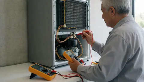 Un technicien examine un réfrigérateur à l'aide d'un multimètre, avec le compresseur et les câbles visibles dans un atelier propre et bien éclairé.