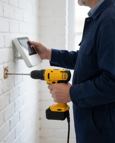 Un technicien en uniforme bleu utilise une perceuse jaune pour fixer un panneau d'alarme blanc sur un mur de briques blanches lors d'une intervention de maintenance.