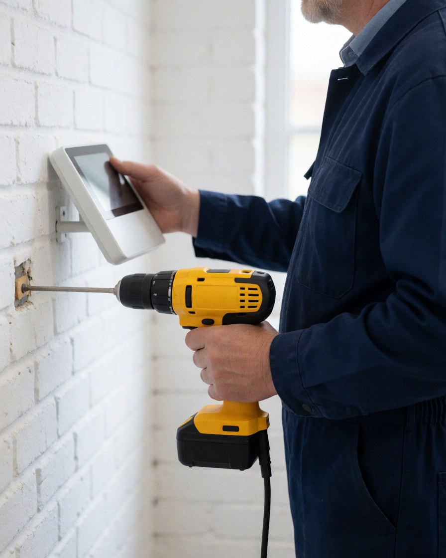 Un technicien en uniforme bleu utilise une perceuse jaune pour fixer un panneau d'alarme blanc sur un mur de briques blanches lors d'une intervention de maintenance.