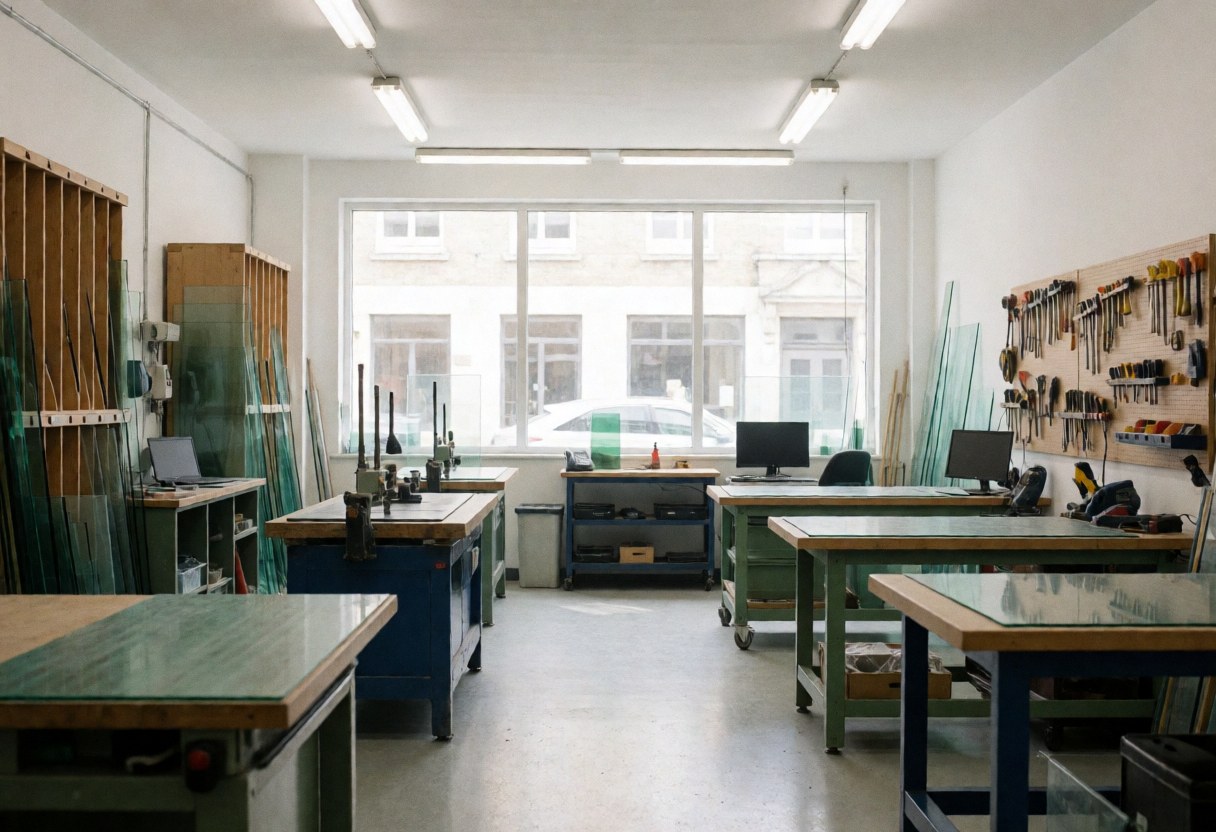 Atelier de réparation de fenêtres avec tables de coupe, outils suspendus et feuilles de verre stockées, éclairé par la lumière naturelle.
