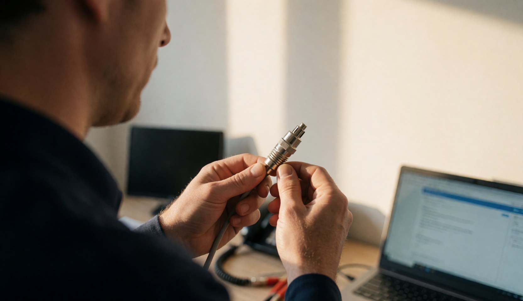 Technicien installateur d'antennes ajustant un connecteur F argenté sur un câble coaxial, avec un ordinateur portable et un mur blanc en arrière-plan.