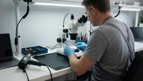 Technicien portant des gants en nitrile effectuant une réparation de téléphone portable sous microscope dans un atelier propre avec outils et soufflante.