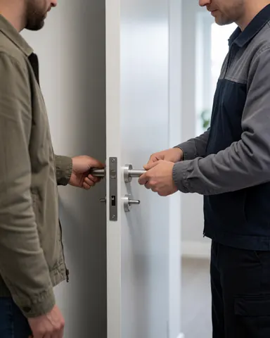 Un technicien en uniforme explique à un client le fonctionnement de la porte réparée, dotée d'une serrure métallique et d'une poignée brillante dans un couloir blanc.