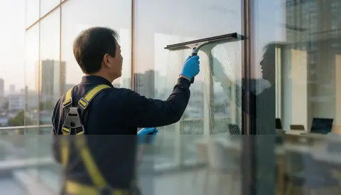 Un ouvrier équipé d'un harnais et de gants bleus utilise une raclette pour nettoyer la façade vitrée d'un immeuble moderne, reflétant un bureau intérieur baigné de lumière dorée.