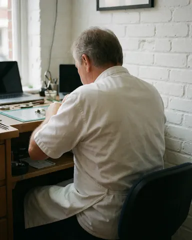Un horloger âgé portant un tablier blanc travaille à sa table avec des outils et un aimant, devant un mur de briques blanches dans un environnement professionnel.