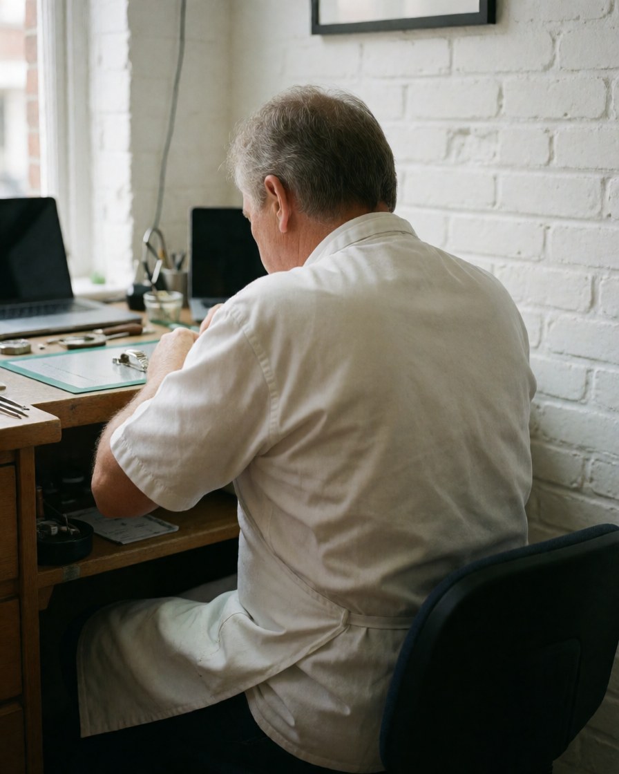 Un horloger âgé portant un tablier blanc travaille à sa table avec des outils et un aimant, devant un mur de briques blanches dans un environnement professionnel.
