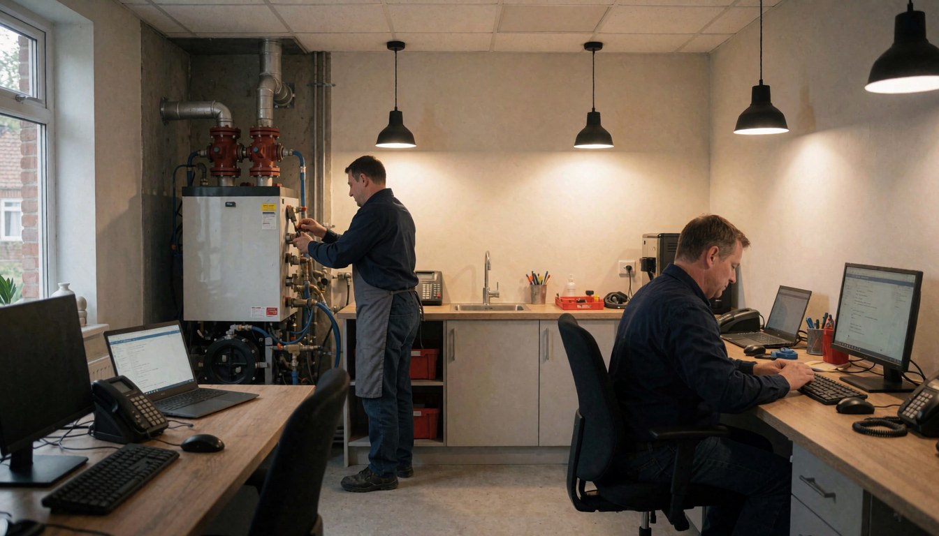 Technicien effectuant l'installation de connexions haute pression sur une chaudière dans un environnement propre et bien éclairé, illustrant un service professionnel en cours.