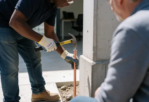 Un électricien professionnel utilise un marteau pour fixer un boulon en cuivre près d'une fondation en béton pendant qu'un client observe la prestation de service.