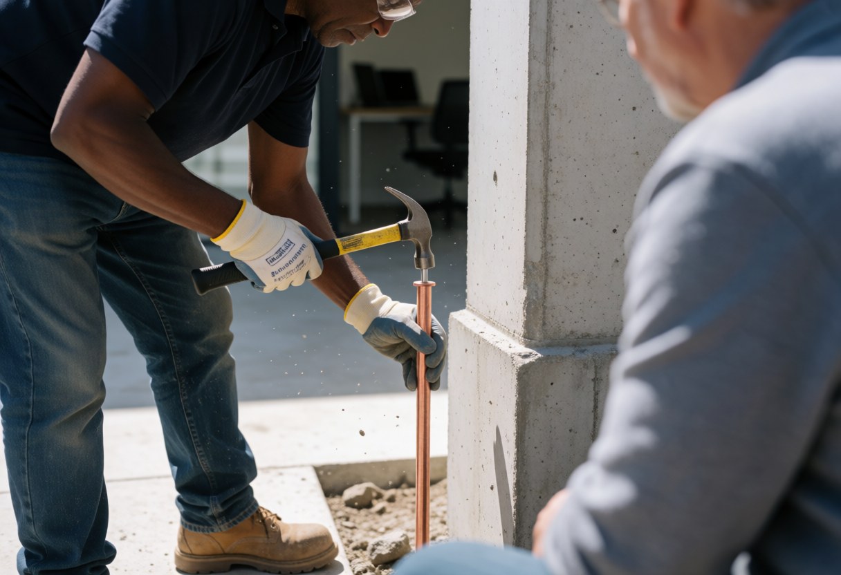 Un électricien professionnel utilise un marteau pour fixer un boulon en cuivre près d'une fondation en béton pendant qu'un client observe la prestation de service.