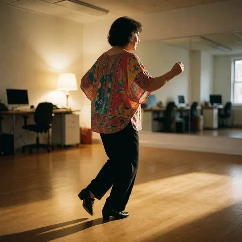 Une femme exécute des pas de salsa dans un studio aux murs miroirs et au sol en bois, sous un éclairage chaleureux, illustrant une activité dynamique.