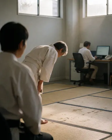 Étudiant en arts martiaux adoptant une posture de respect sur le tatami dans un dojo aux murs gris et à la lumière douce.
