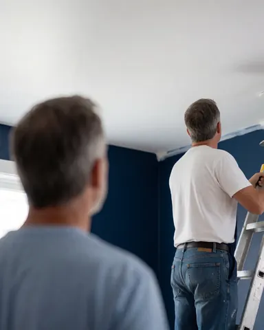 Peintre professionnel utilisant un rouleau pour peindre un plafond blanc, client observant, murs bleu foncé, scène réaliste et sécurisée.